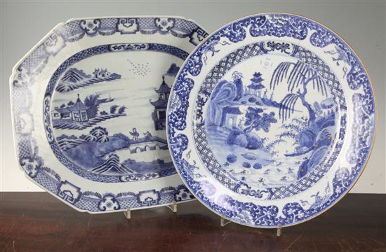 Two Chinese export blue and white dishes, Qianlong period, 40.5cm